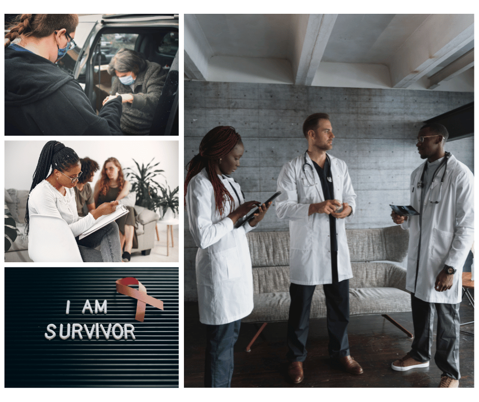 Collage of doctors consulting with patients, healthcare teamwork, and a cancer survivor message, representing insights into health priorities and patient-centered care.