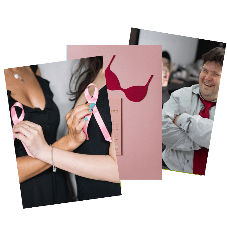A collage featuring women holding pink breast cancer awareness ribbons, a red bra on a pink background, and a smiling man in a light jacket, representing breast cancer awareness, women's health, and support.